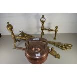 SET OF BRASS FIRE TOOLS AND FIRE DOGS AND A COPPER KETTLE