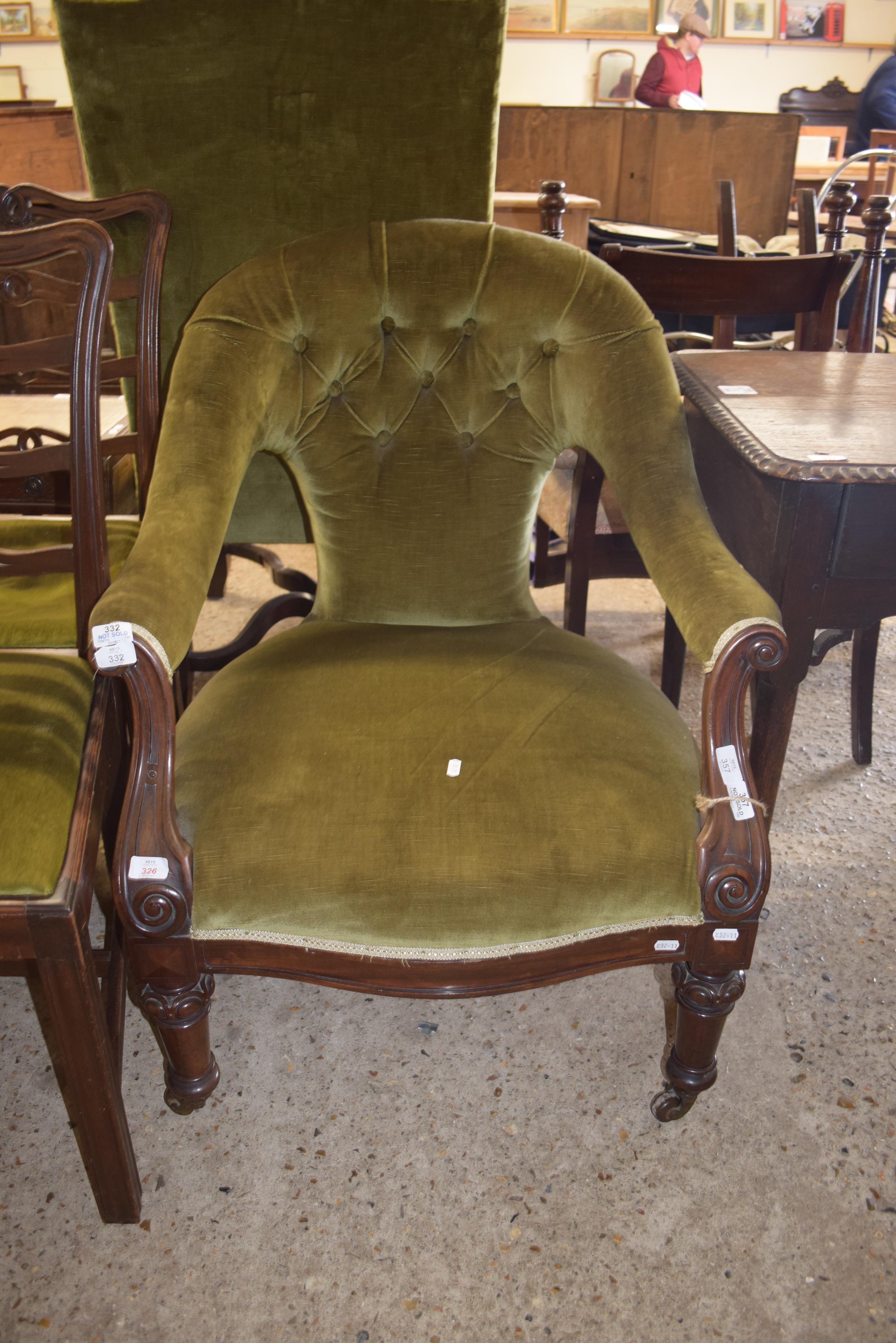 VICTORIAN MAHOGANY FRAMED AND GREEN VELOUR UPHOLSTERED ARMCHAIR, 70CM WIDE