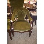 VICTORIAN MAHOGANY FRAMED AND GREEN VELOUR UPHOLSTERED ARMCHAIR, 70CM WIDE