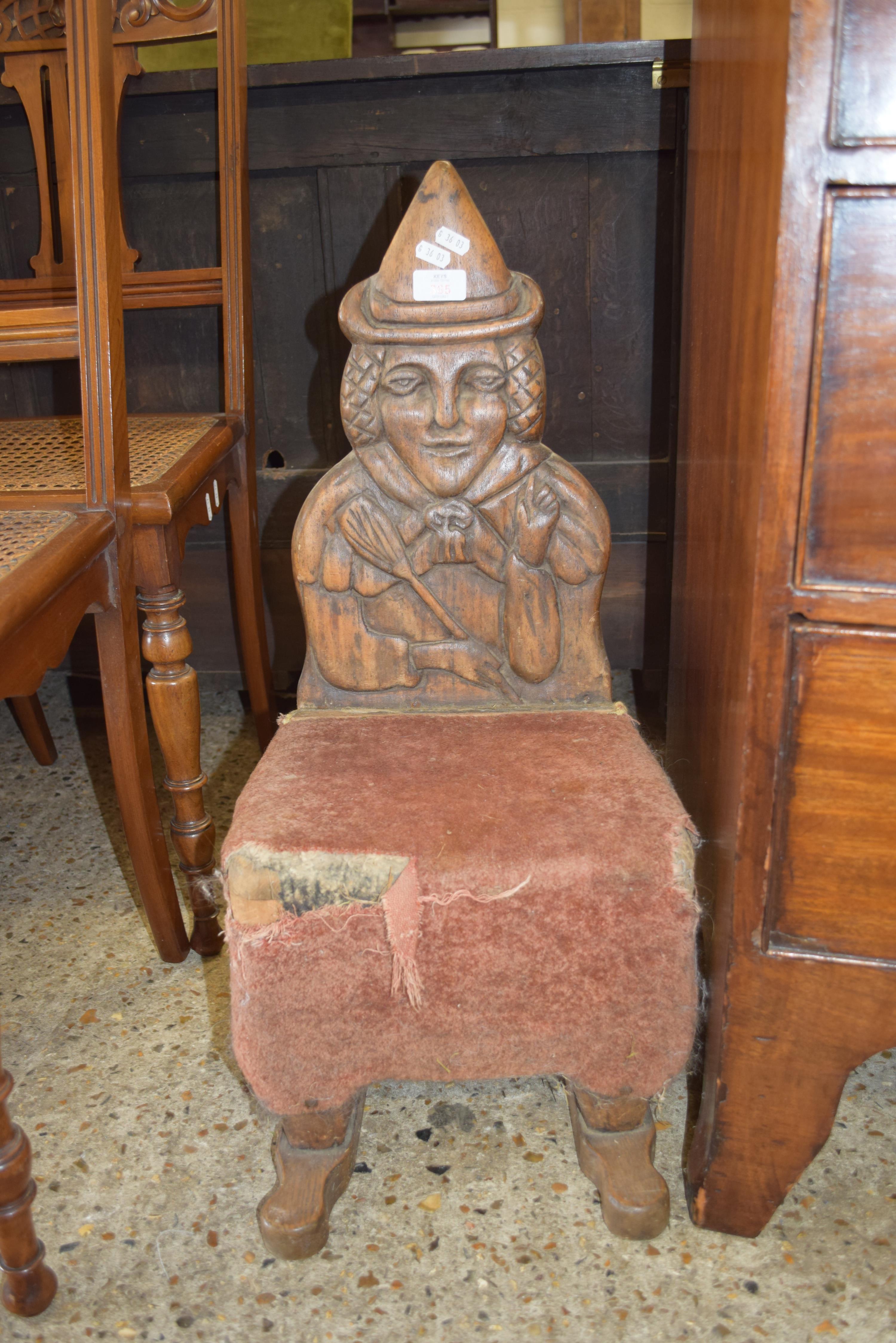 SMALL SIDE CHAIR WITH CARVED FIGURE FORM BACK, MARKED TO REVERSE "PENAR DUKKERIN", 67CM HIGH