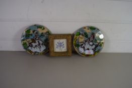 MIXED LOT COMPRISING TWO HAND PAINTED ON GLASS PICTURES OF CRINOLINE LADIES, AND A FURTHER MINIATURE