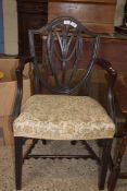 19TH CENTURY MAHOGANY FRAMED HEPPLEWHITE TYPE SHIELD BACK ARMCHAIR, DECORATED WITH FLEUR DE LYS