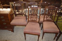 SET OF FIVE EDWARDIAN MAHOGANY DINING CHAIRS WITH STRIPED UPHOLSTERED SEATS