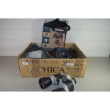 BOX OF MIXED CAMERAS, LENSES, BINOCULARS ETC