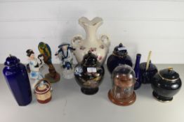 MIXED LOT: MODERN ORIENTAL VASES, ORIENTAL FIGURES, THIMBLE DISPLAY CABINET, ROSE PATTERNED DOUBLE