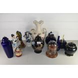 MIXED LOT: MODERN ORIENTAL VASES, ORIENTAL FIGURES, THIMBLE DISPLAY CABINET, ROSE PATTERNED DOUBLE