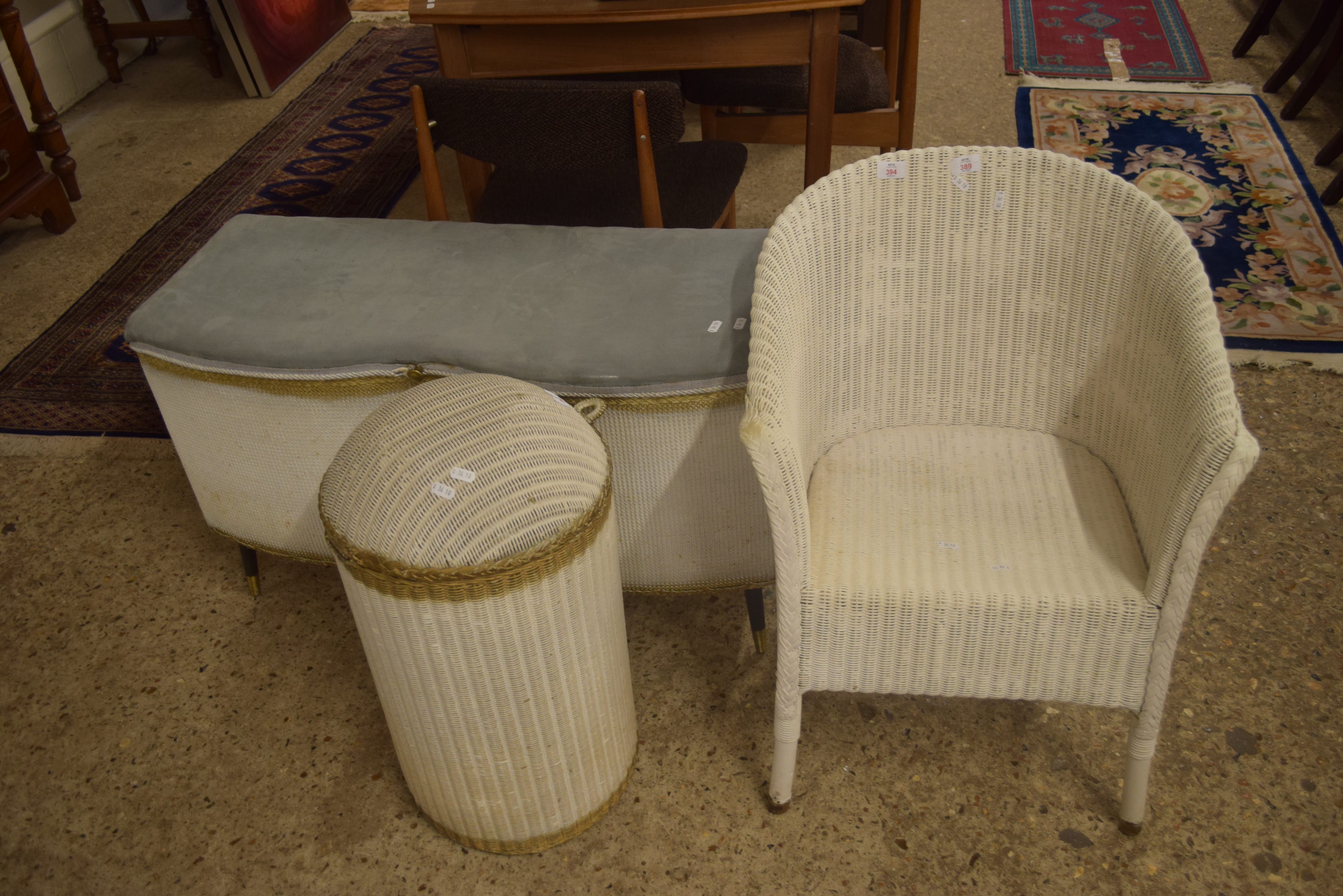 LLOYD LOOM STYLE WARES COMPRISING CHAIR, OTTOMAN AND A LAUNDRY BASKET (3)