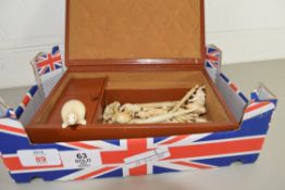 BOX OF IVORY OR BONE CARVED MODEL ANIMALS ETC