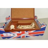 BOX OF IVORY OR BONE CARVED MODEL ANIMALS ETC