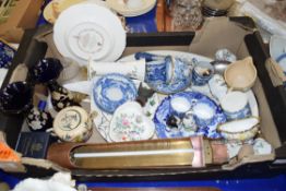 BOX CONTAINING TEA WARES, OVAL MEAT PLATE, LARGE BRASS THERMOMETER, ETC