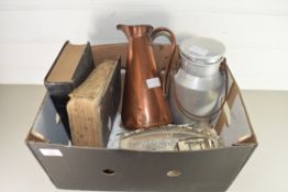 BOX OF MIXED ITEMS TO INCLUDE SMALL ALUMINIUM MILK CHURN, COPPER JUG, CUTLERY, VINTAGE BOOK "THE