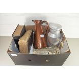 BOX OF MIXED ITEMS TO INCLUDE SMALL ALUMINIUM MILK CHURN, COPPER JUG, CUTLERY, VINTAGE BOOK "THE