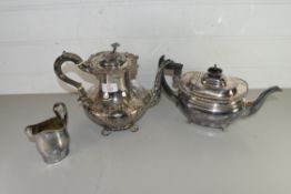 19TH CENTURY FOLIATE DECORATED SILVER PLATED TEA POT TOGETHER WITH A SILVER PLATE ON COPPER CREAM