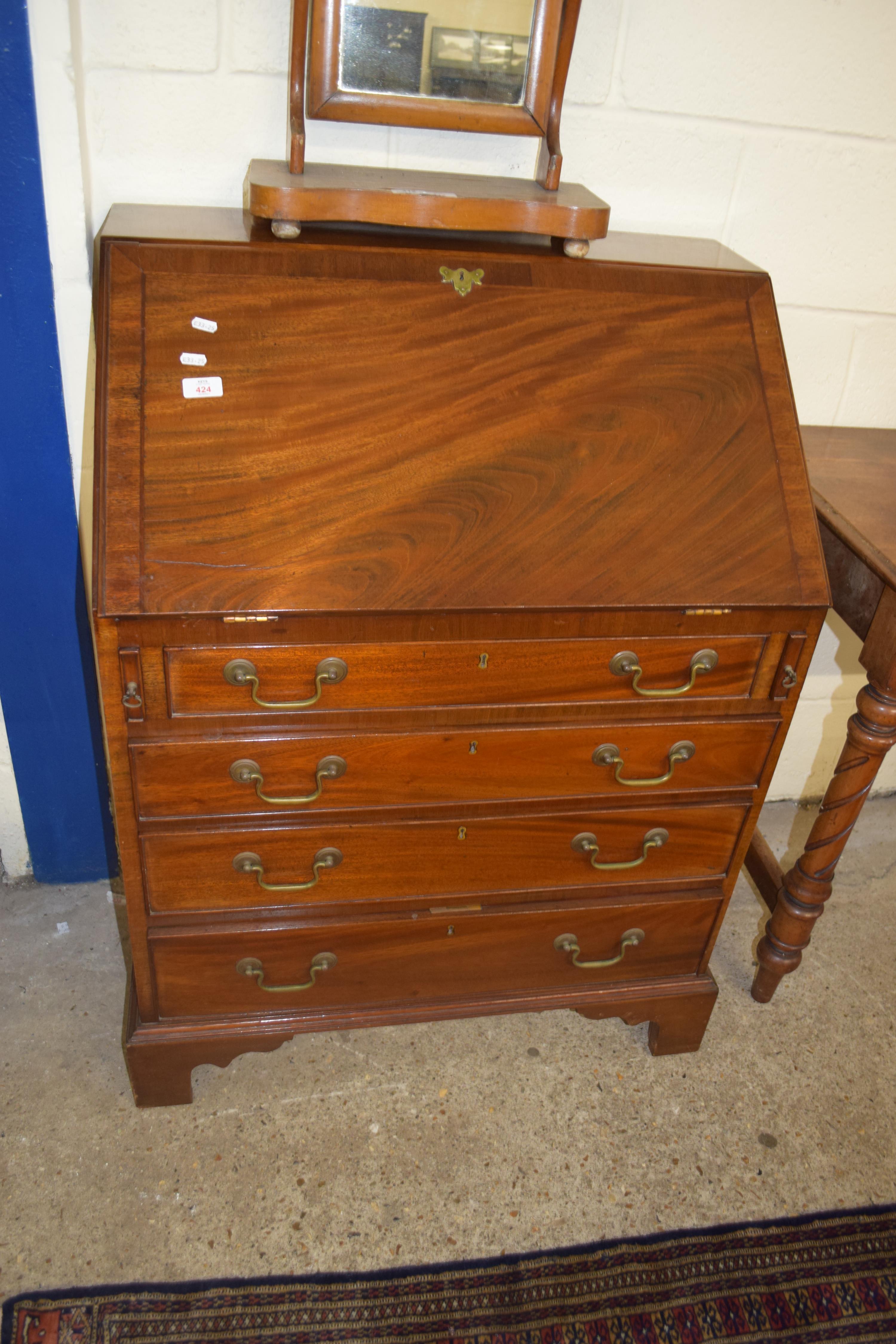 REPRODUCTION MAHOGANY BUREAU WITH FITTED INTERIOR OVER A FOUR DRAWER BASE, 76CM WIDE