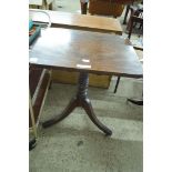 19TH CENTURY MAHOGANY PEDESTAL TABLE, RECTANGULAR TOP OVER A TURNED COLUMN AND TRIPOD BASE WITH
