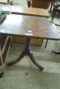 19TH CENTURY MAHOGANY PEDESTAL TABLE, RECTANGULAR TOP OVER A TURNED COLUMN AND TRIPOD BASE WITH