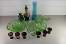 MIXED LOT: GREEN GLASS SERVING BOWLS, CONTINENTAL RED AND GILT GLASS LIQUEUR SET, MARY GREGORY STYLE