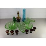 MIXED LOT: GREEN GLASS SERVING BOWLS, CONTINENTAL RED AND GILT GLASS LIQUEUR SET, MARY GREGORY STYLE