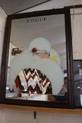 LARGE REPRODUCTION VOGUE ADVERTISING MIRROR IN DARK STAINED WOODEN FRAME, 90CM HIGH