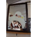 LARGE REPRODUCTION VOGUE ADVERTISING MIRROR IN DARK STAINED WOODEN FRAME, 90CM HIGH