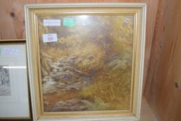 19TH CENTURY BRITISH SCHOOL WATERCOLOUR STUDY OF A WOODLAND STREAM, FRAMED AND GLAZED, 31CM WIDE