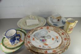 MIXED LOT OF CERAMICS TO INCLUDE FLORAL DECORATED MEAT PLATES, SHAVING MUGS, BUTTER DISH ETC