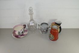 MIXED LOT: FARMERS ARMS MUG, PRATT WARE JUG, OVERSIZED LUSTRE CUP AND SAUCER, PATTERNED JUG AND A