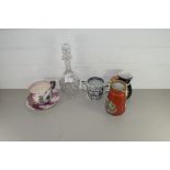 MIXED LOT: FARMERS ARMS MUG, PRATT WARE JUG, OVERSIZED LUSTRE CUP AND SAUCER, PATTERNED JUG AND A