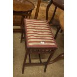 LATE 19TH CENTURY PIANO STOOL WITH STRIPED UPHOLSTERED SEAT AND SPINDLE FINISH FRAME, 49CM WIDE