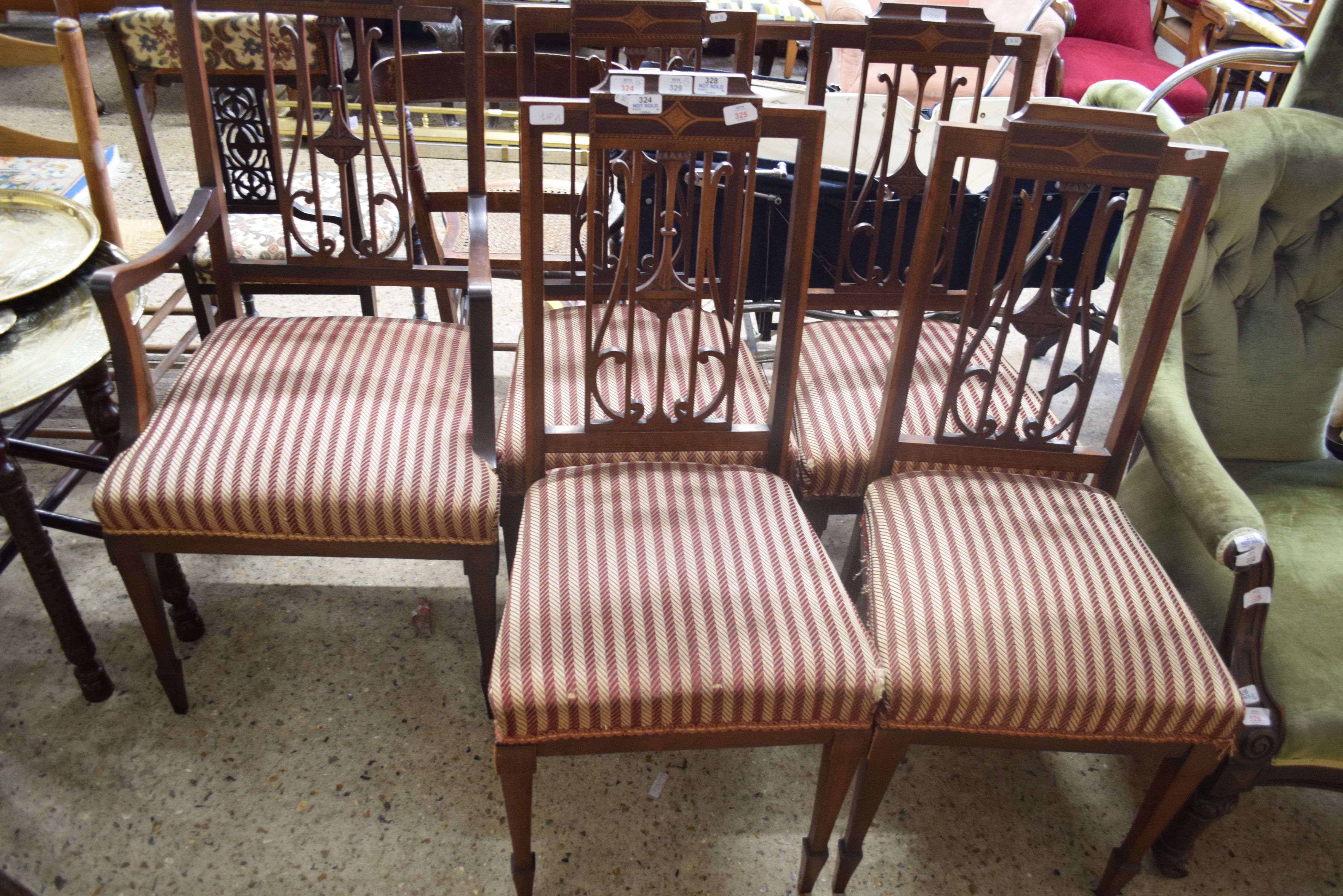 SET OF FIVE EDWARDIAN MAHOGANY DINING CHAIRS WITH STRIPED UPHOLSTERED SEATS