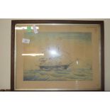 19TH CENTURY BRITISH SCHOOL, THREE MASTED FRIGATE ON A ROUGH SEA, WATERCOLOUR, FRAMED AND GLAZED,
