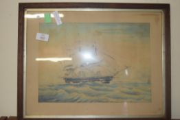 19TH CENTURY BRITISH SCHOOL, THREE MASTED FRIGATE ON A ROUGH SEA, WATERCOLOUR, FRAMED AND GLAZED,