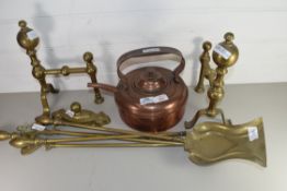 SET OF BRASS FIRE TOOLS AND FIRE DOGS AND A COPPER KETTLE