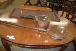 ANTIQUE COPPER BED WARMING PAN WITH TURNED WOODEN HANDLE TOGETHER WITH AN ANTIQUE COPPER SAUCEPAN