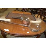 ANTIQUE COPPER BED WARMING PAN WITH TURNED WOODEN HANDLE TOGETHER WITH AN ANTIQUE COPPER SAUCEPAN