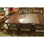 REPRODUCTION MAHOGANY PEDESTAL DINING TABLE WITH EXTRA LEAF TOGETHER WITH A SET OF EIGHT CHAIRS,