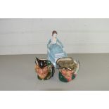 COALPORT FIGURE "CLARE" TOGETHER WITH TWO ROYAL DOULTON MINIATURE CHARACTER JUGS, ROBIN HOOD AND THE