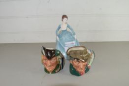 COALPORT FIGURE "CLARE" TOGETHER WITH TWO ROYAL DOULTON MINIATURE CHARACTER JUGS, ROBIN HOOD AND THE