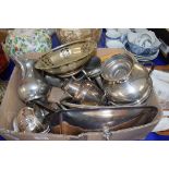 BOX OF SILVER PLATED AND PEWTER WARES TO INCLUDE TEA WARES, TROPHY, TANKARD ETC