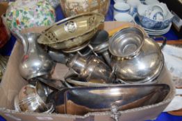 BOX OF SILVER PLATED AND PEWTER WARES TO INCLUDE TEA WARES, TROPHY, TANKARD ETC