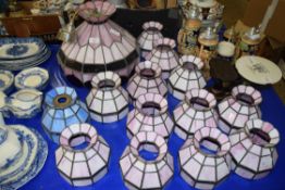 COLLECTION OF LIGHT SHADES COMPRISING ONE LARGE AND 13 SMALL SHADES, PRINCIPALLY IN PINK, ONE IN