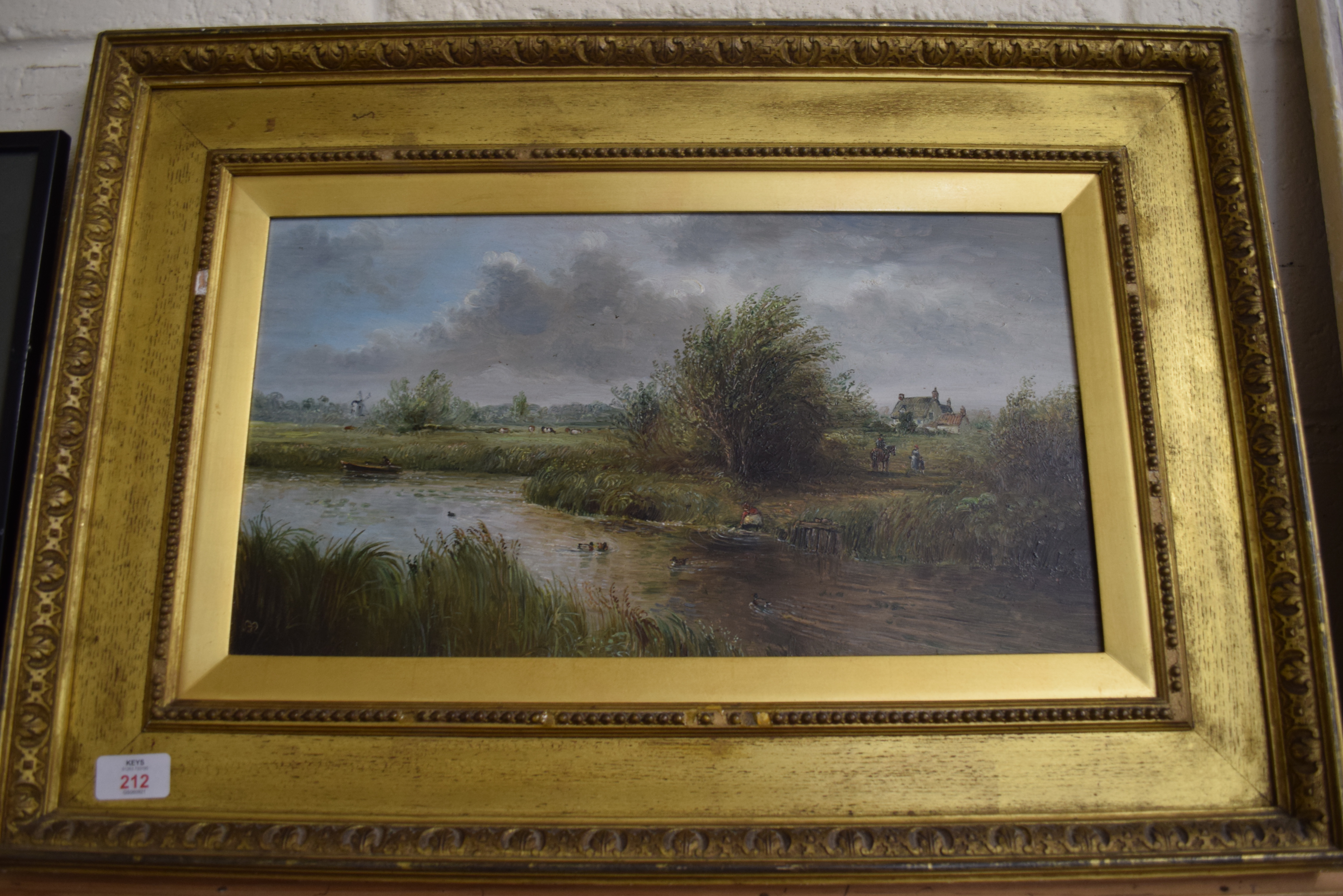JOHN MACE, STUDY OF RURAL SCENE WITH POND AND DISTANT WINDMILL, GILT FRAMED, 66CM WIDE
