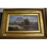 JOHN MACE, STUDY OF RURAL SCENE WITH POND AND DISTANT WINDMILL, GILT FRAMED, 66CM WIDE