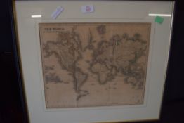 COLOURED MAP, THE WORLD ON MERCATORS PROJECTION, FRAMED AND GLAZED, 56CM WIDE