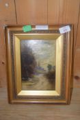 19TH CENTURY BRITISH SCHOOL, SMALL OIL ON BOARD STUDY OF A RIVER SCENE, GILT FRAME, 32CM HIGH