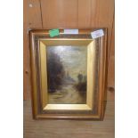 19TH CENTURY BRITISH SCHOOL, SMALL OIL ON BOARD STUDY OF A RIVER SCENE, GILT FRAME, 32CM HIGH