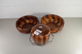 TWO WOODEN BOWLS AND A MATCHING BISCUIT BARREL