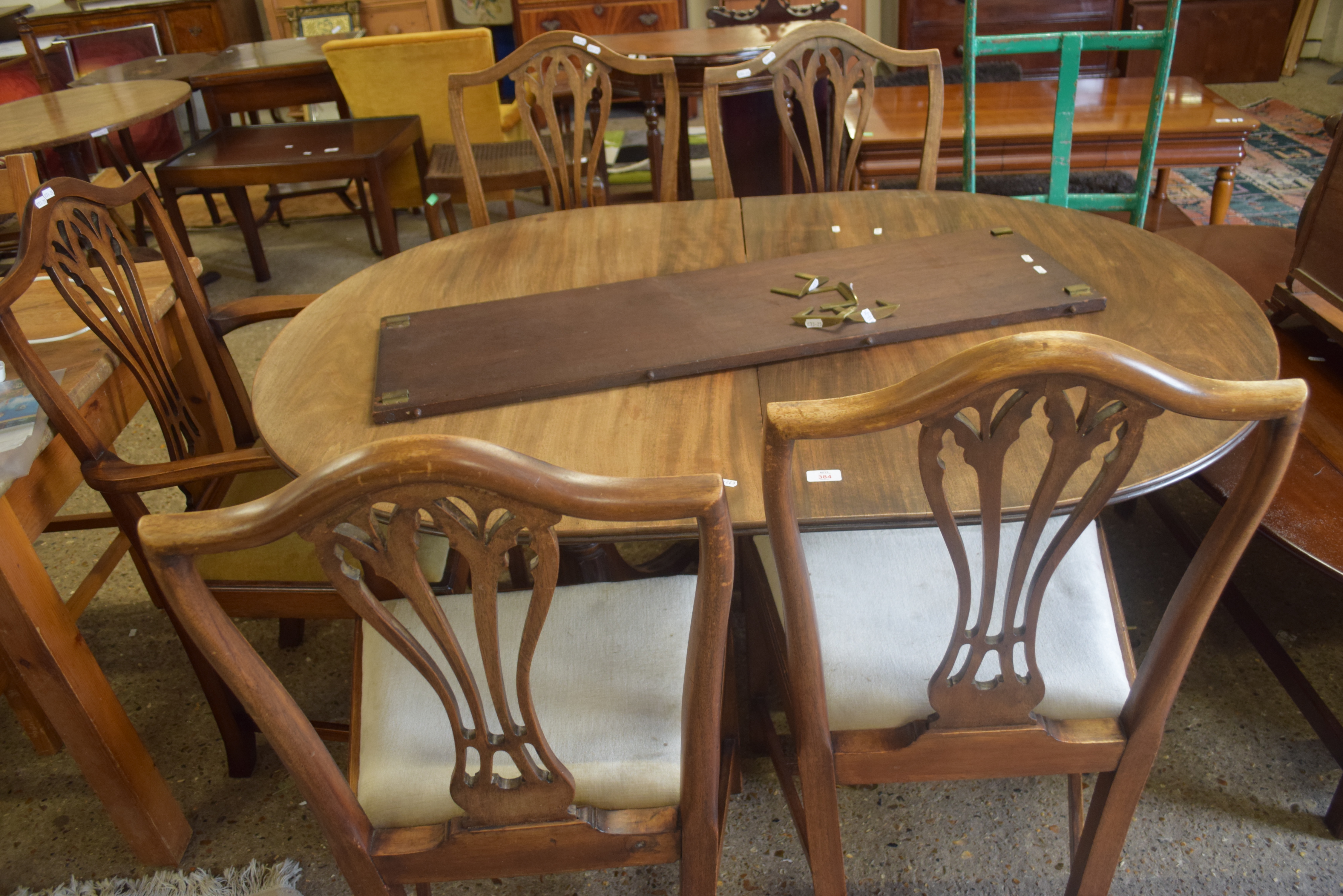 MAHOGANY TWIN PEDESTAL EXTENDING DINING TABLE WITH EXTRA LEAF TOGETHER WITH FIVE ACCOMPANYING