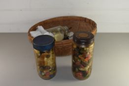 BASKET CONTAINING JARS VARIOUS BUTTONS