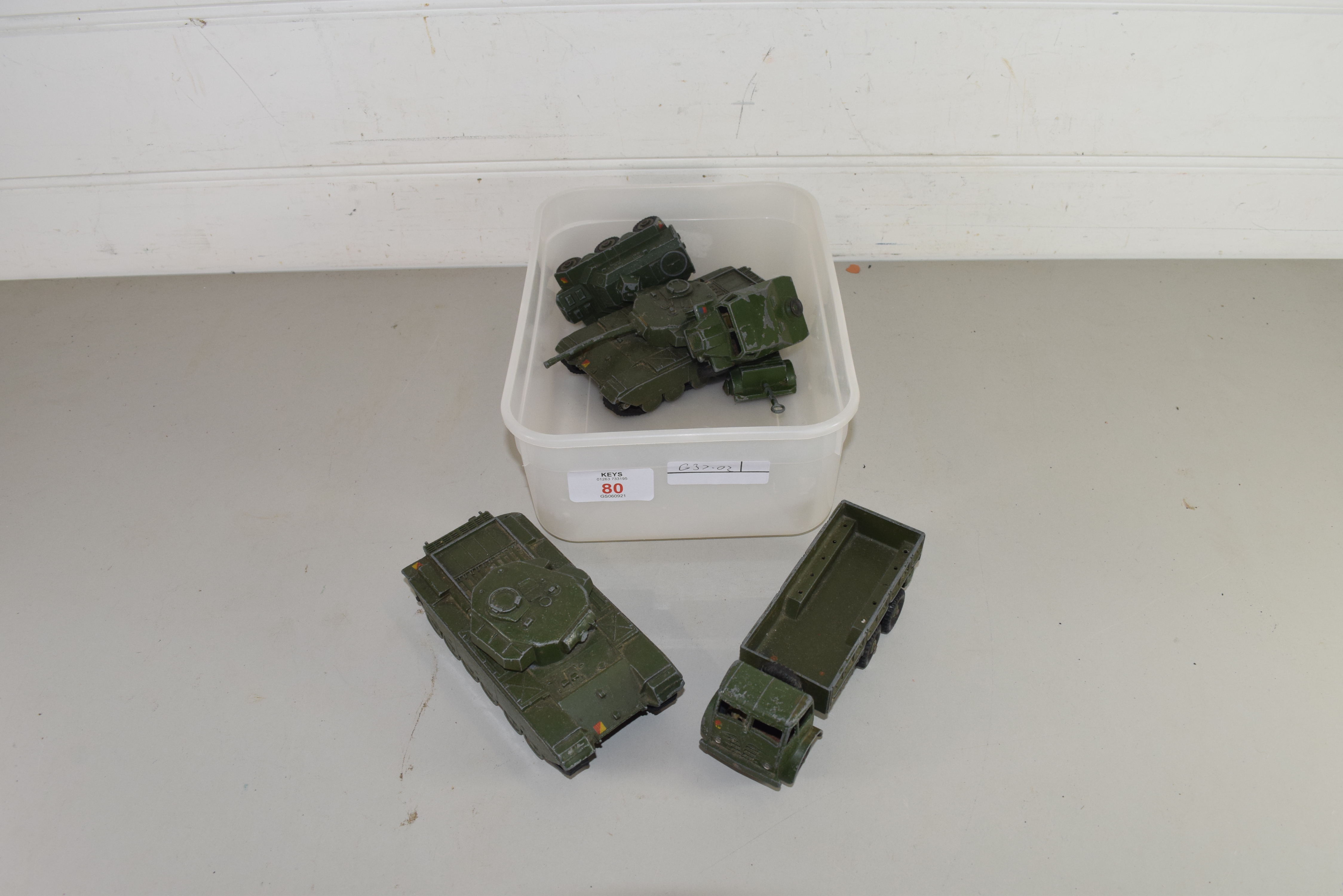 BOX OF DINKY TANKS AND ARMY VEHICLES